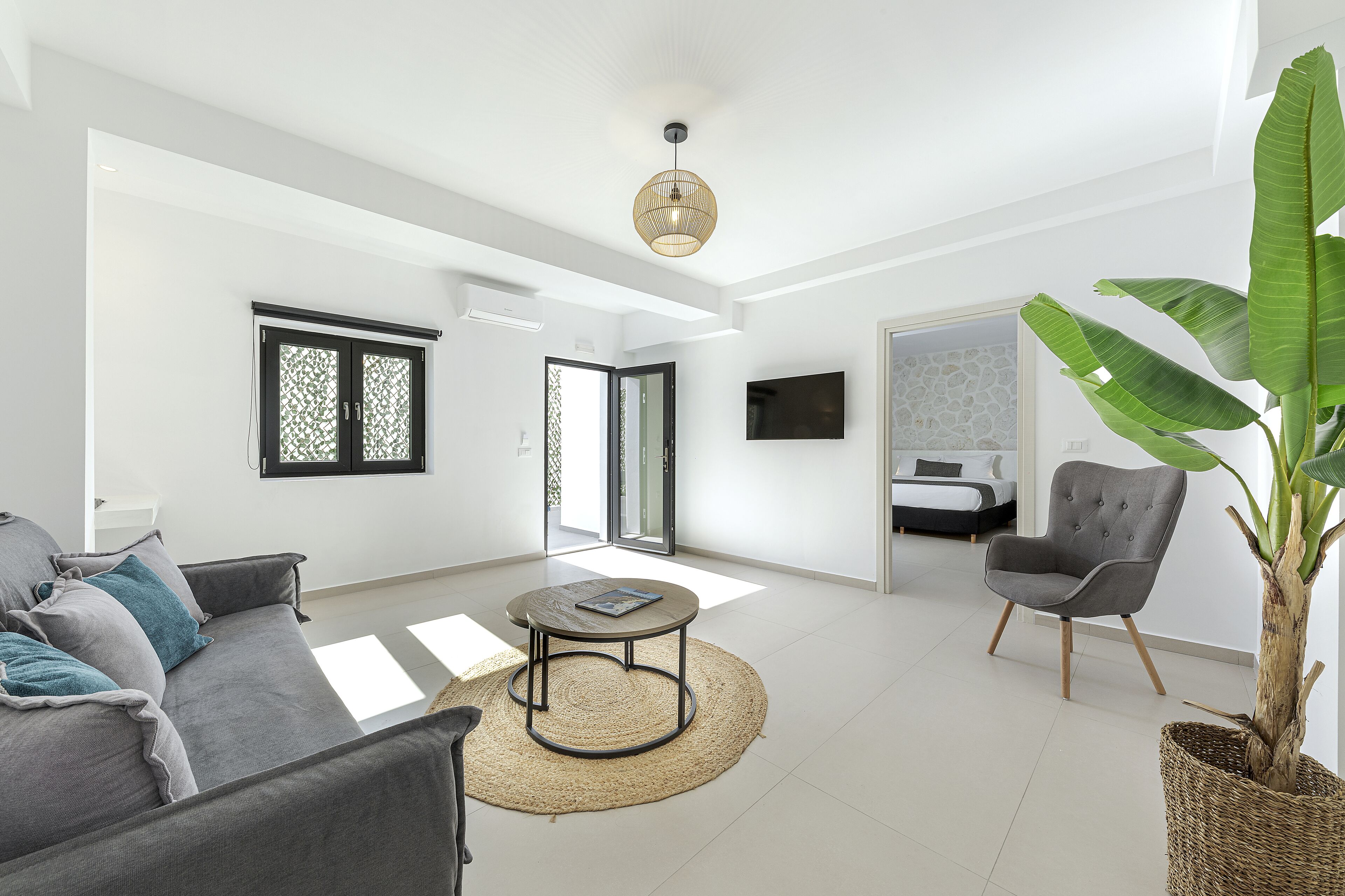 A modern living room with a grey sofa, a round coffee table, a grey armchair, a large potted plant, and a TV mounted on the wall.