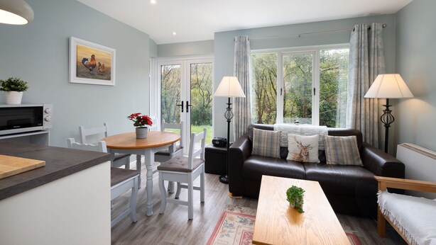 A modern living room with a sofa, a dining table, and a kitchen area. - Cottage 420 - Clifden - sleeps 4 guests  in 2 bedrooms (Clifden)