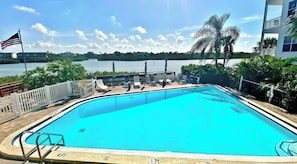 Ein rechteckiger Pool mit Blick auf einen See und Palmen.