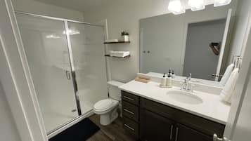 Combined shower/bathtub, hair dryer, towels, soap