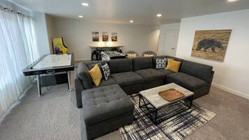 Smart TV, fireplace, video games, foosball