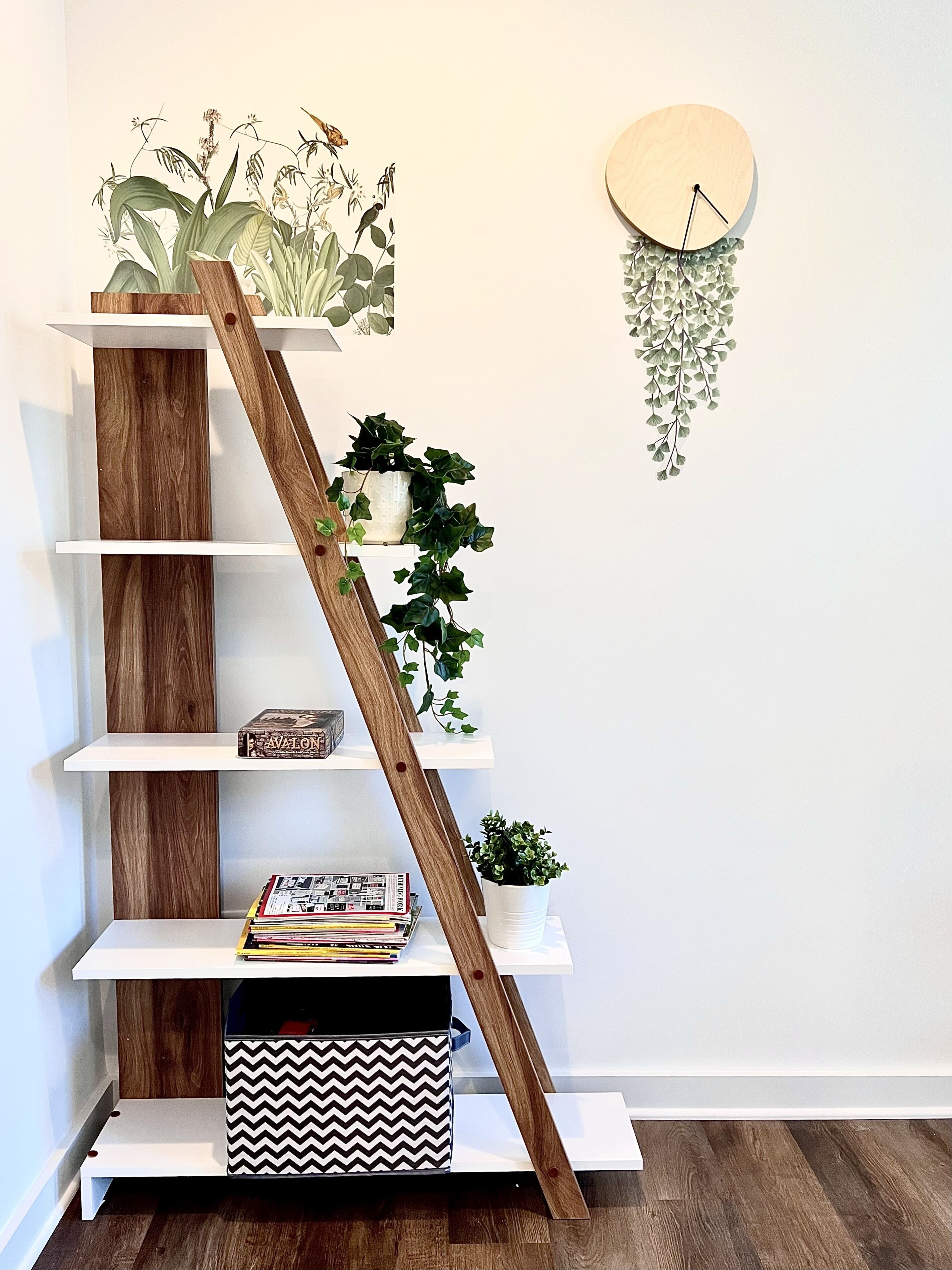 A white bookshelf with a wooden ladder, various plants, and books.