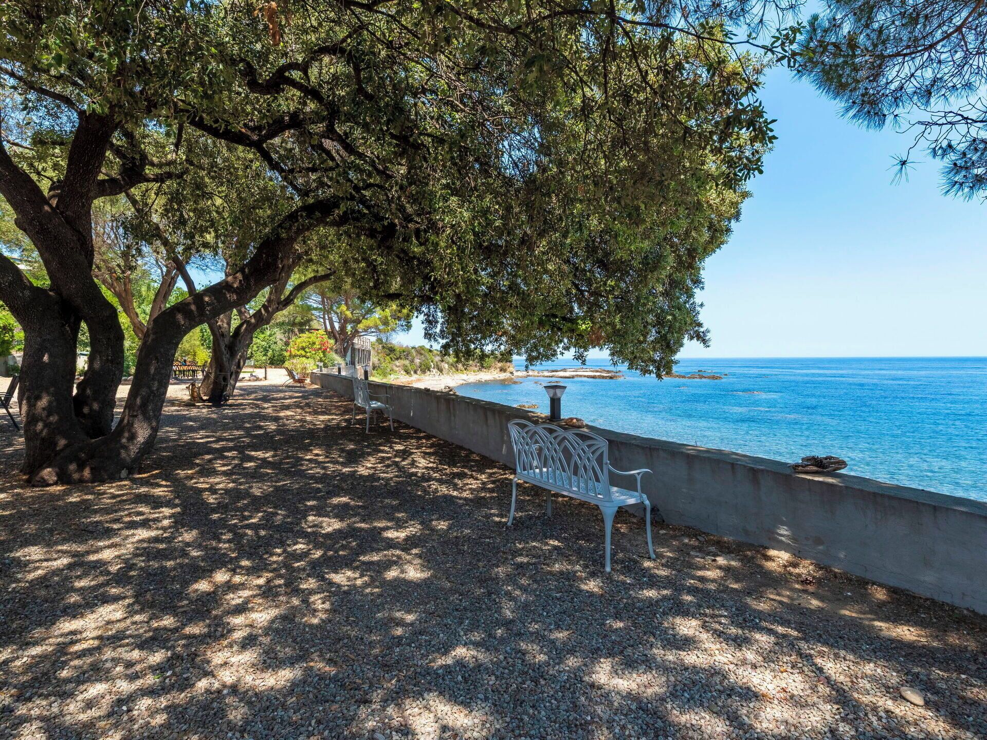 A seaside park with a gravel path, benches, and a view of the ocean.
