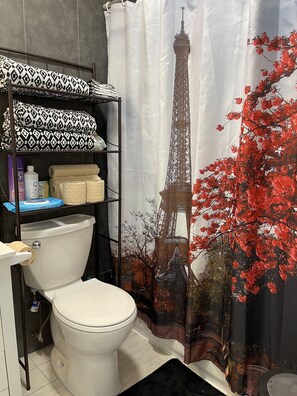 Combined shower/tub, hair dryer, towels, soap