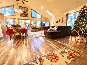 Smart TV, fireplace, foosball, table tennis