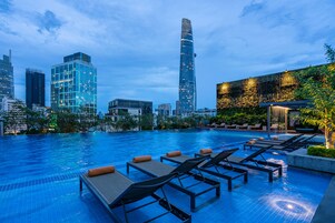 Outdoor pool, open 7:00 AM to 8:00 PM, pool umbrellas, sun loungers