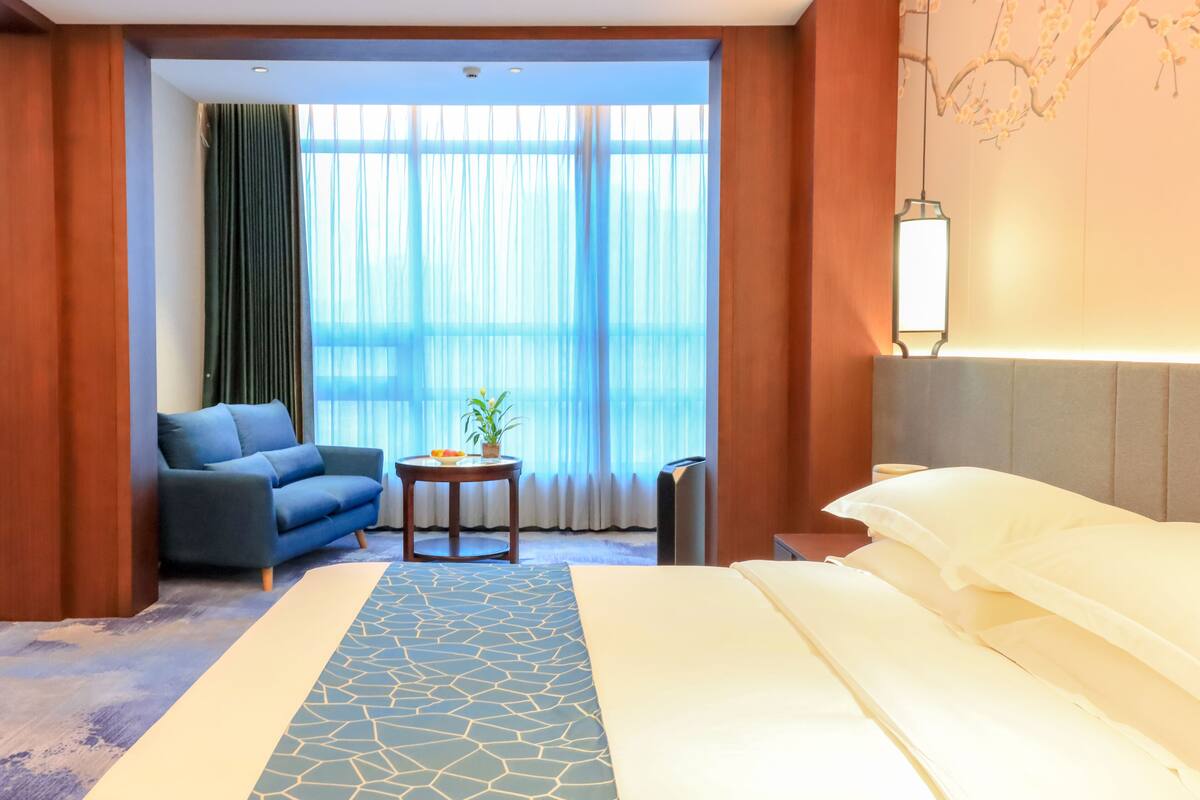 A hotel room with a bed, a sofa, a small table with a plant, and a window with sheer curtains.