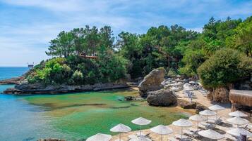 On the beach, sun-loungers, beach umbrellas, beach towels