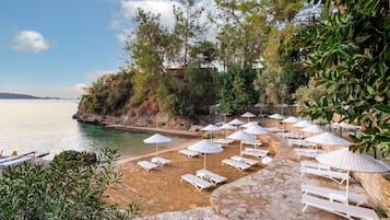 On the beach, sun-loungers, beach umbrellas, beach towels