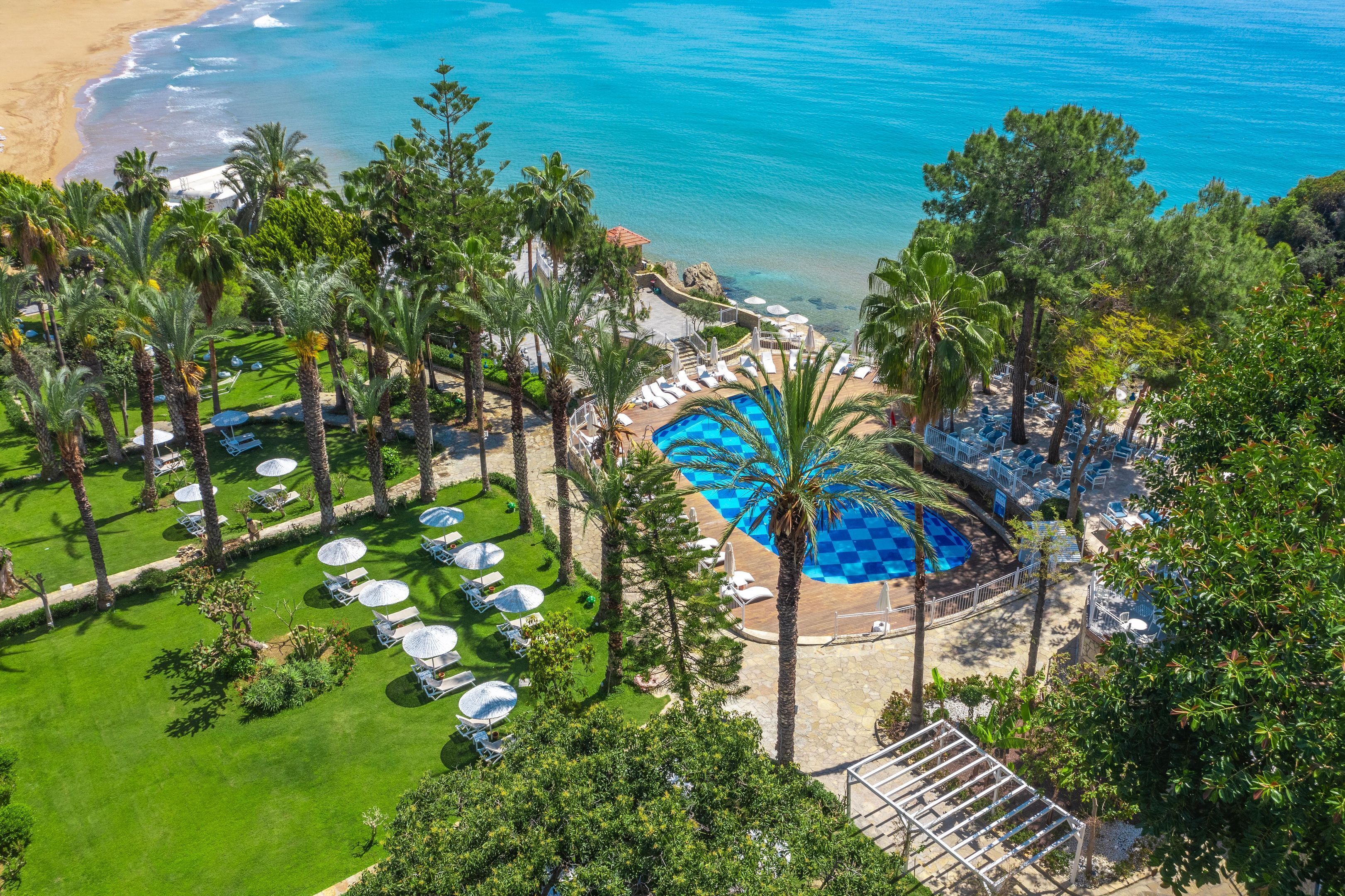 Un resort con piscina, palmeras y vista al mar.