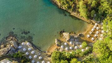 On the beach, sun-loungers, beach umbrellas, beach towels