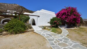 A white building with a stone pathway leading to an arched entrance, surrounded by greenery and a large pink bougainvillea tree. - Petra Holiday Village (Ios)