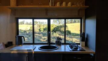 Fridge, microwave, electric kettle, toaster