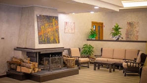 A living room with a fireplace, sofas, and potted plants. - Il Bivacco del Parco Sport Hotel & Residence (Taverna)