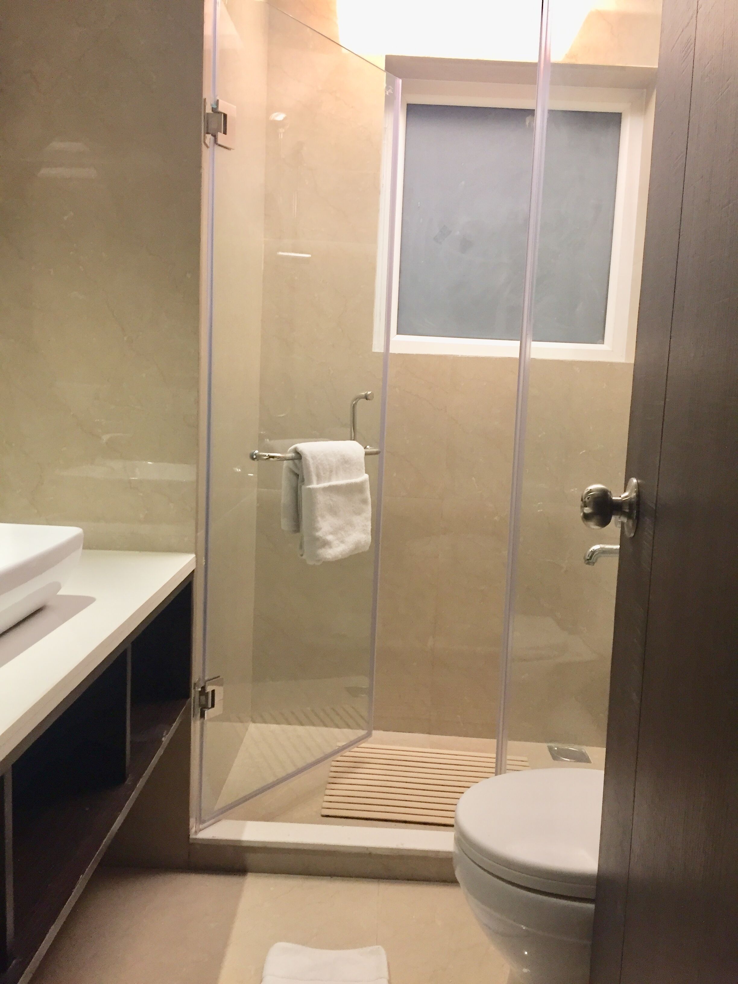 Moderni kylpyhuone, jossa on lasiseinällä varustettu suihku, wc ja pesuallas.