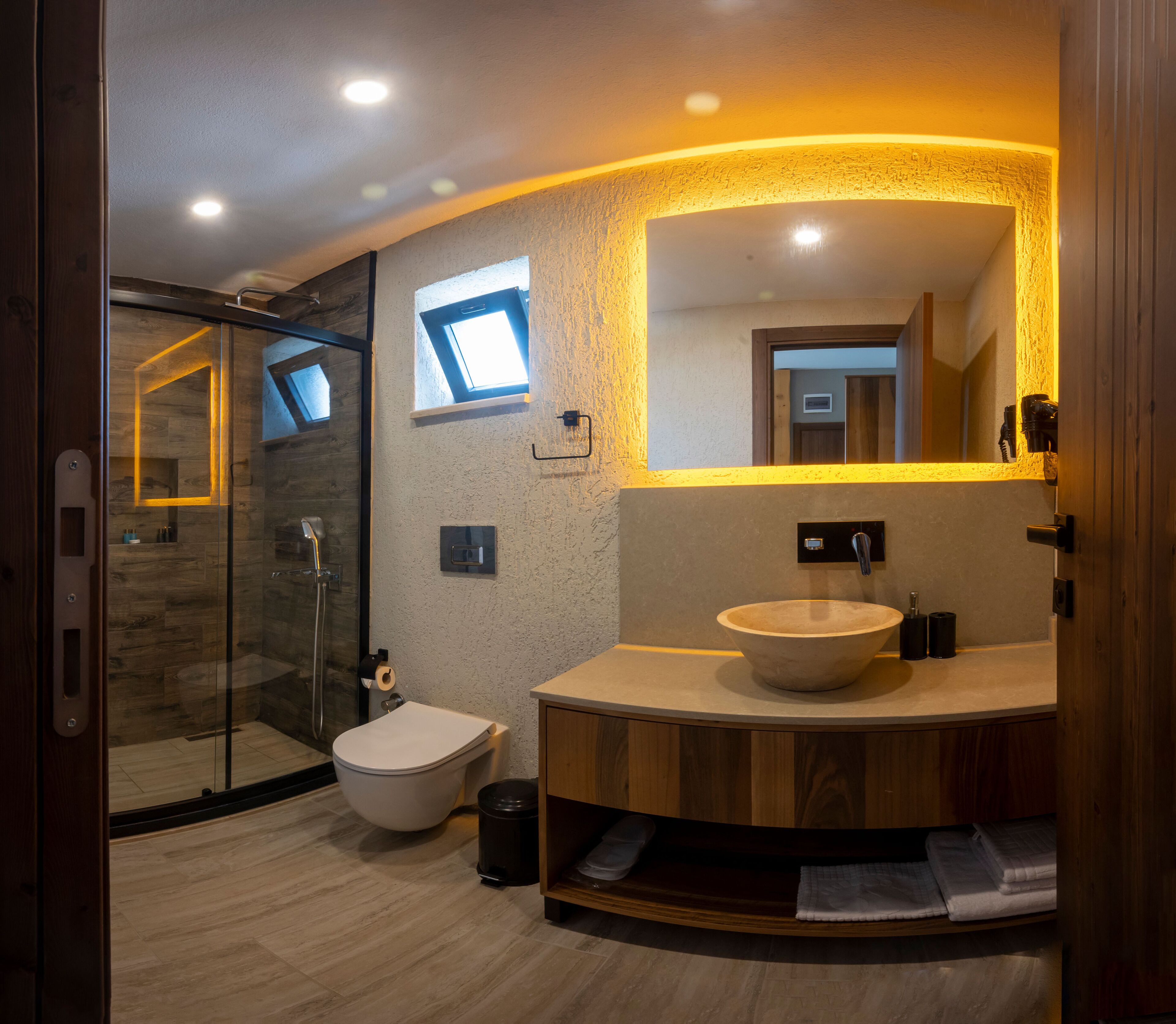 shower, rainfall showerhead, hair dryer, slippers