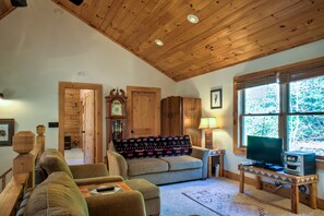 Smart TV, fireplace, books, offices