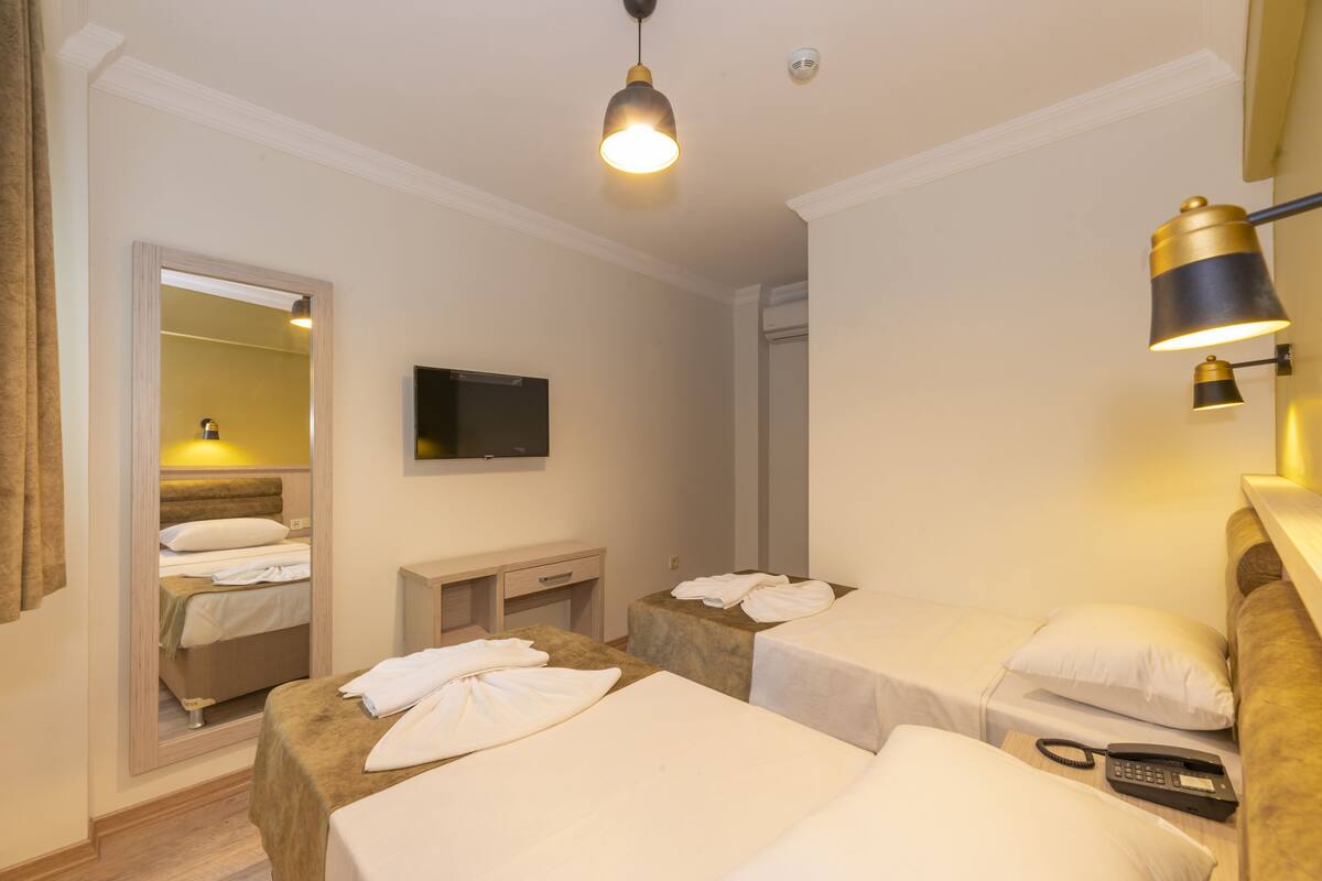A hotel room with two single beds, a bedside table, a mirror, a TV, and a telephone.