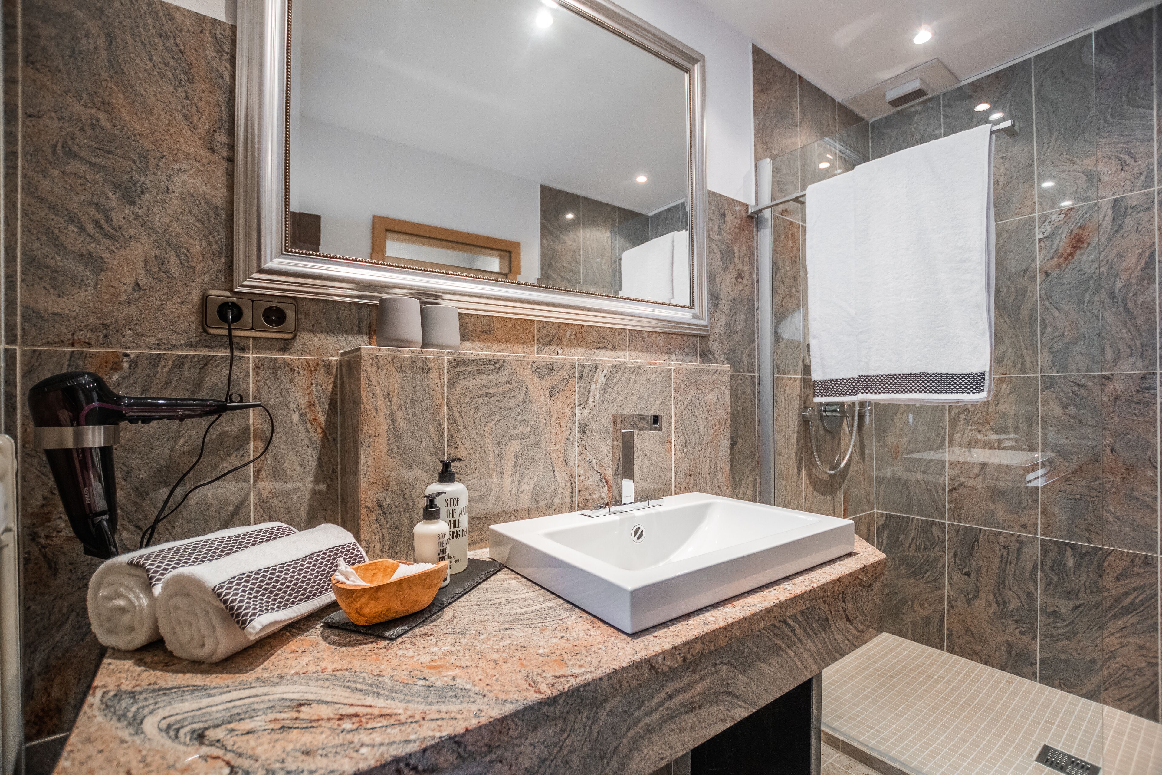 apartment | bathroom | shower, hair dryer, bathrobes, slippers