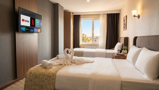 Una camera d'albergo con un letto, una TV a parete, una finestra con tende e vista sulla città.