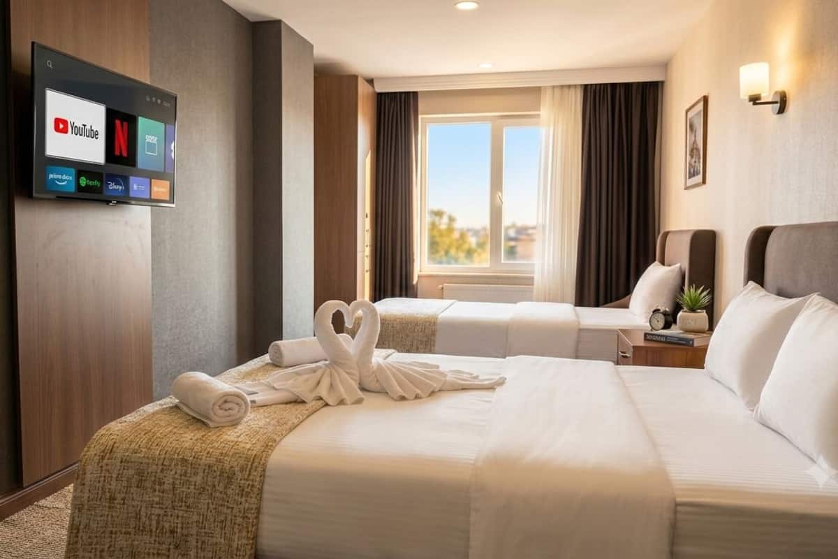 A hotel room with a bed, a TV mounted on the wall, a window with curtains, and a view of the city.