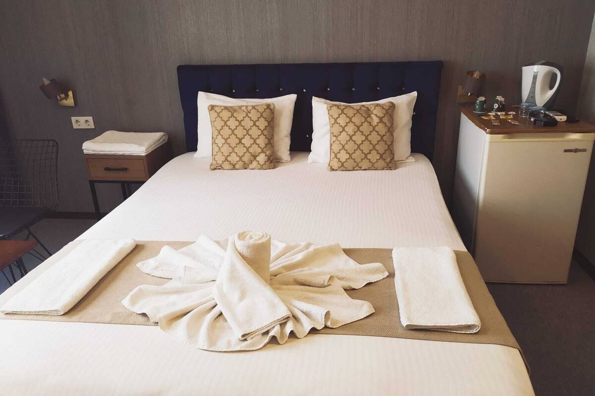 A hotel room with a large bed, two patterned pillows, a bedside table with a lamp, a small refrigerator, and a neatly made bed with towels.