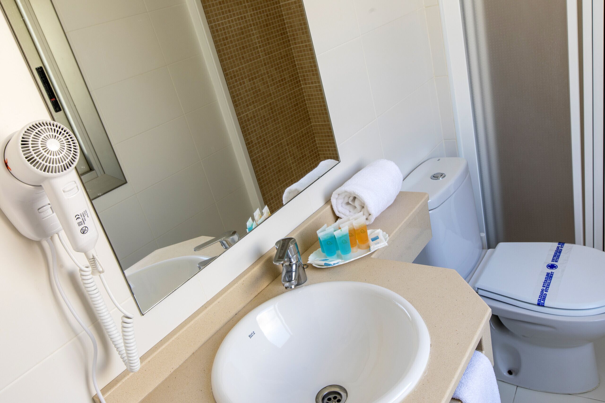 A bathroom with a white sink, a mirror, a hairdryer, a toilet, and a towel rack.
