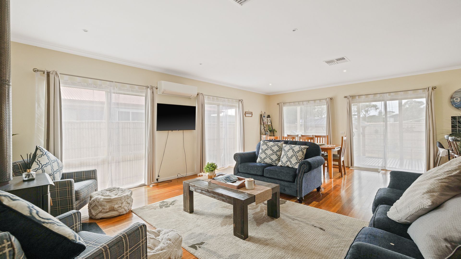 TV, fireplace, books