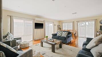 TV, fireplace, books