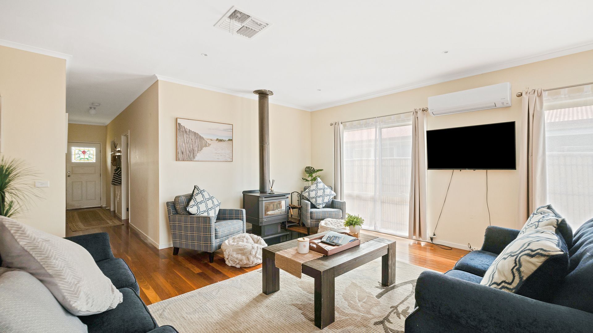 TV, fireplace, books