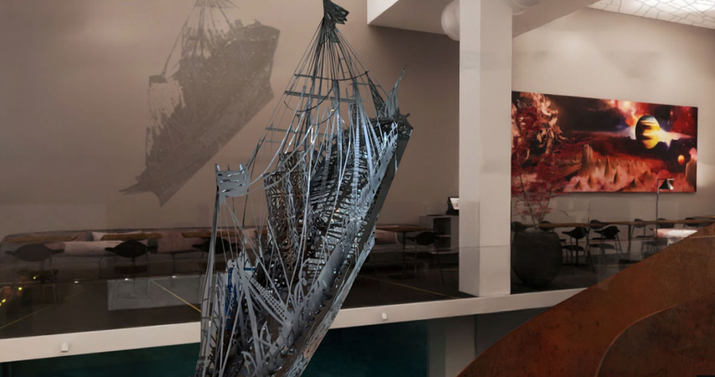 Installazione di arte moderna in una galleria con una grande scultura astratta e un dipinto di un paesaggio infuocato.