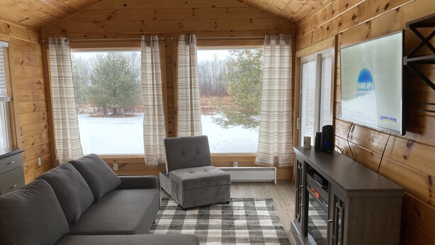 A cozy cabin interior with a gray sectional sofa, a small gray armchair, a checkered rug, and a television on a wooden wall. - Tiny house, loft bedroom, near the river, Cooperstown and Baseball hall of fame (Richfield Springs)