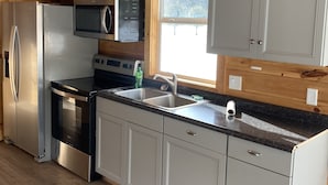 A modern kitchen with wooden ceiling, stainless steel appliances, and a large window. - Tiny house, loft bedroom, near the river, Cooperstown and Baseball hall of fame (Richfield Springs)