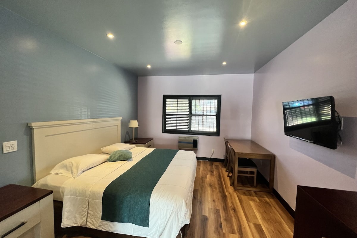 Quarto com cama, mesa de cabeceira, luminária, televisão, janela e piso de madeira.