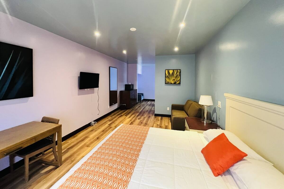 Quarto de hotel com cama, escrivaninha, cadeira, televisão e sofá.