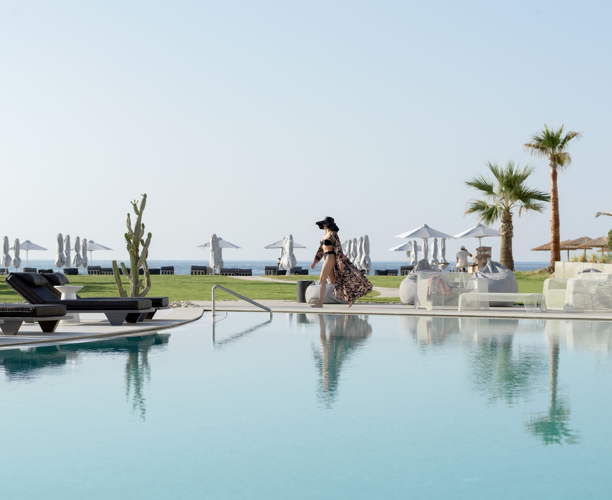 A poolside area with lounge chairs and umbrellas, a clear view of the ocean, and a palm tree.
