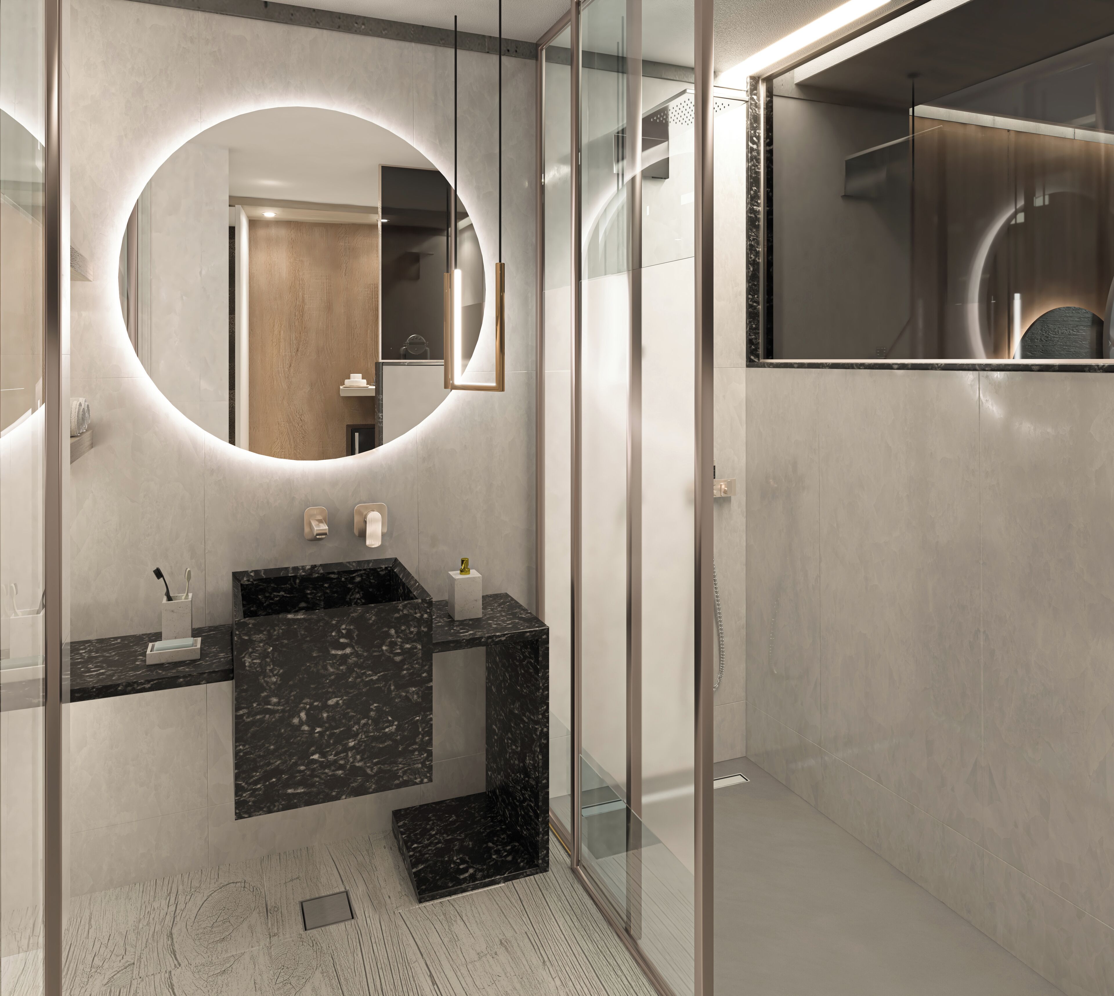 A modern bathroom with a curved vanity, a large mirror, and a glass shower enclosure.