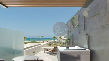 A modern outdoor lounge area with a glass balustrade, wooden furniture, and a hot tub.