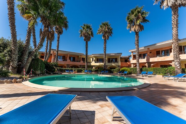 Seasonal outdoor pool, pool umbrellas, pool loungers