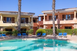 Seasonal outdoor pool, pool umbrellas, pool loungers