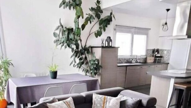 Un salon moderne avec un canapé gris foncé, une table basse en verre et un tapis à poils longs blanc. On aperçoit à l’arrière-plan un coin cuisine avec un plan de travail gris et un réfrigérateur blanc.