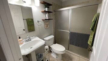 Shower, hair dryer, towels