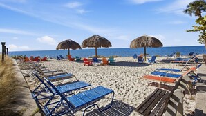 A beach with sun loungers, thatched umbrellas, and a clear view of the ocean. - Luxury Waterfront Condo with Heated Pool and Balcony (Tampa)