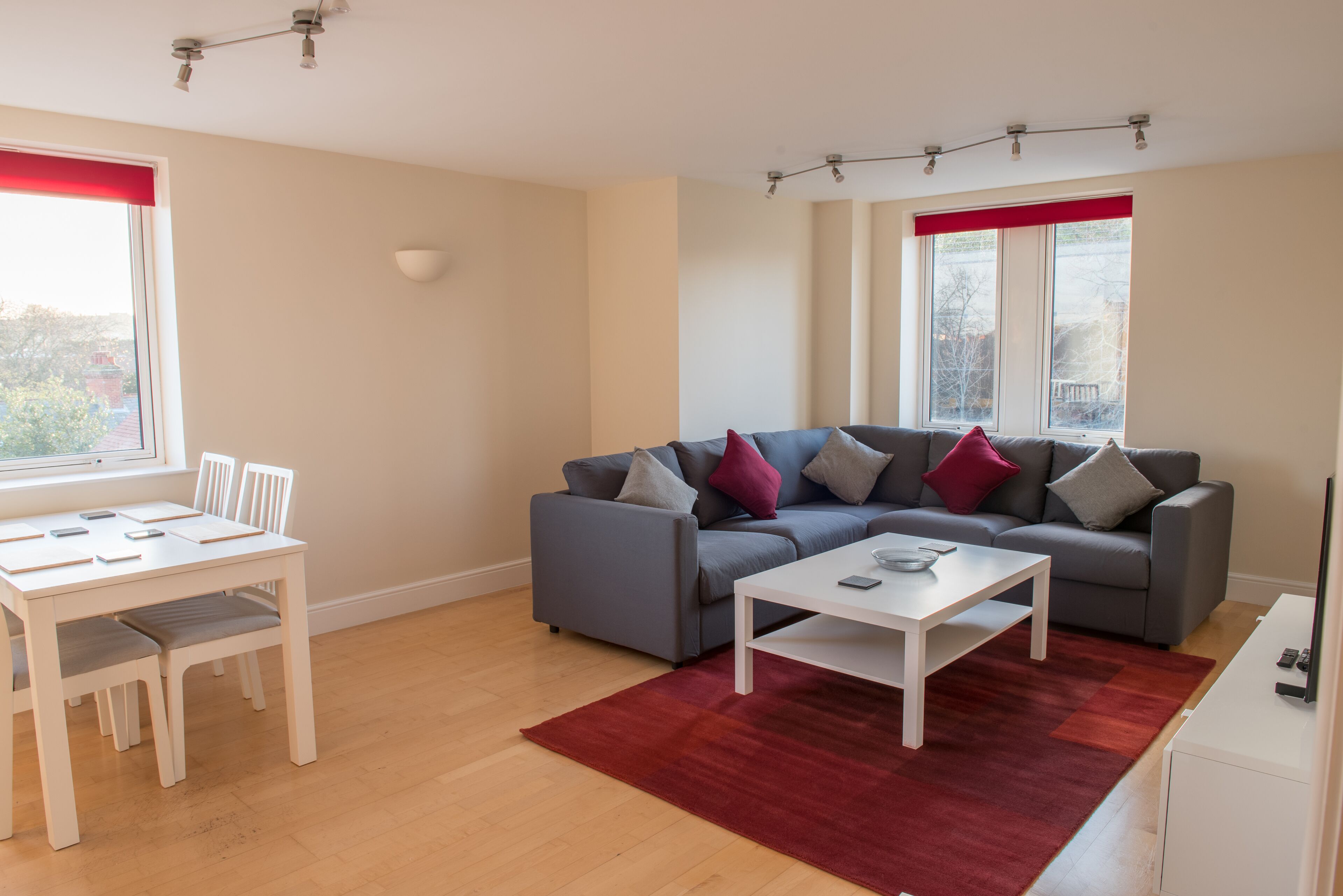 A modern living room with a grey sofa, white coffee table, and a red rug.