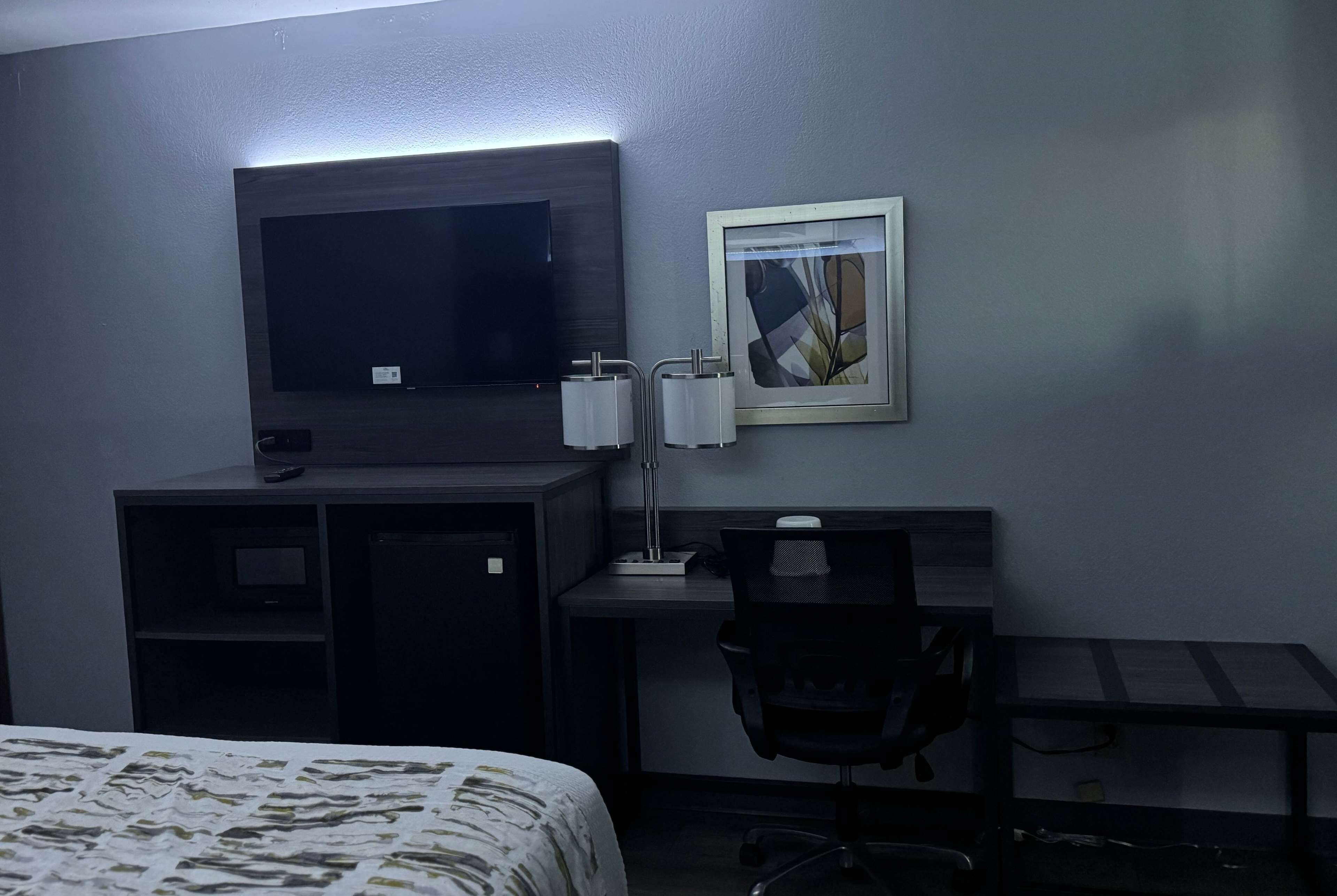 Une chambre d’hôtel avec un lit, un bureau, une chaise, une télévision et un tableau encadré au mur.