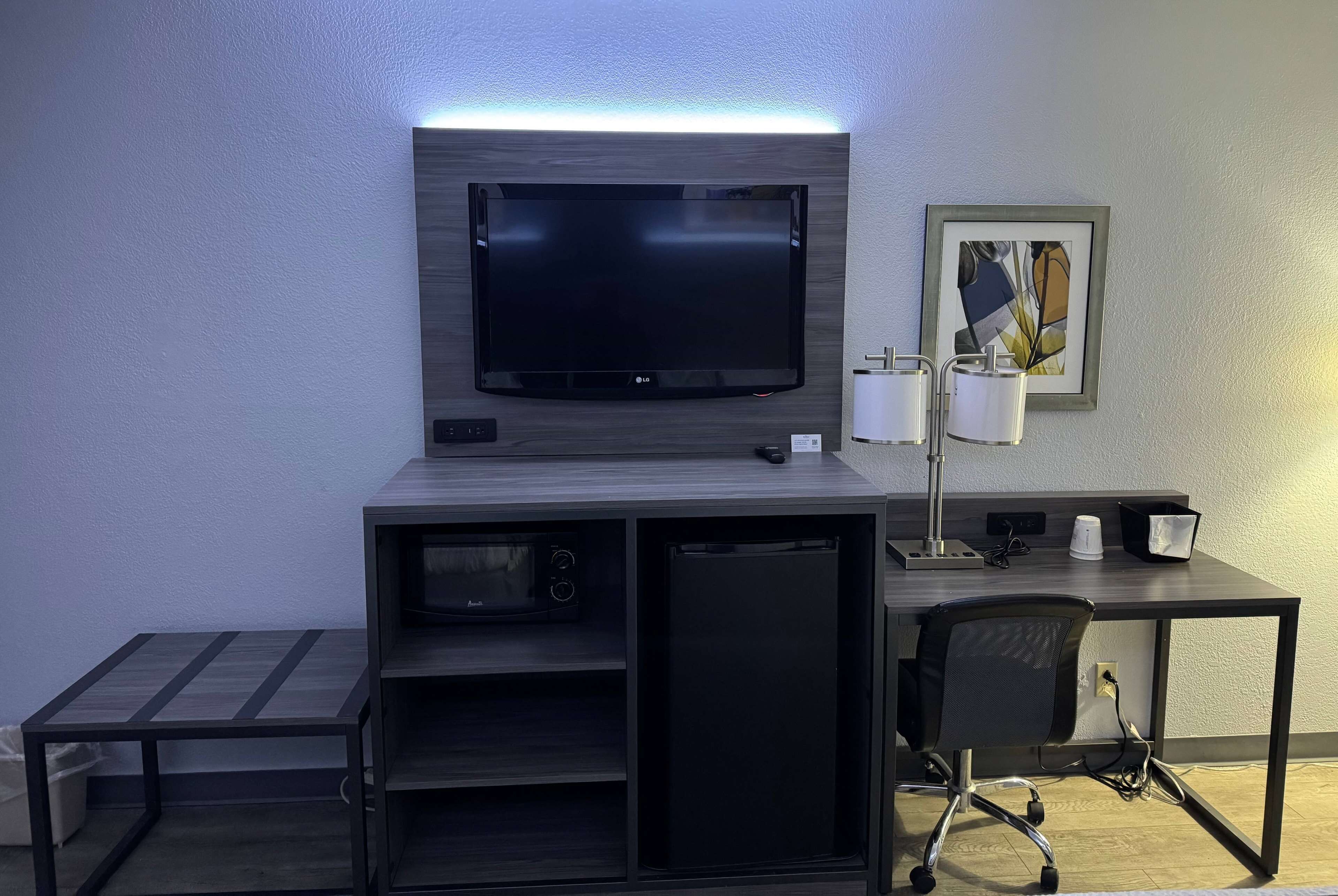 1 bedroom, desk, laptop workspace, iron/ironing board