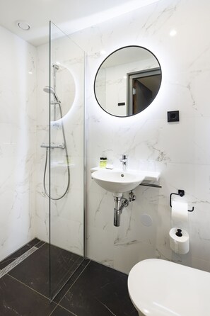 Standaard Twin kamer, 2 eenpersoonsbedden, privébadkamer | Badkamer | Een douche, een hydromassagedouche, gratis toiletartikelen