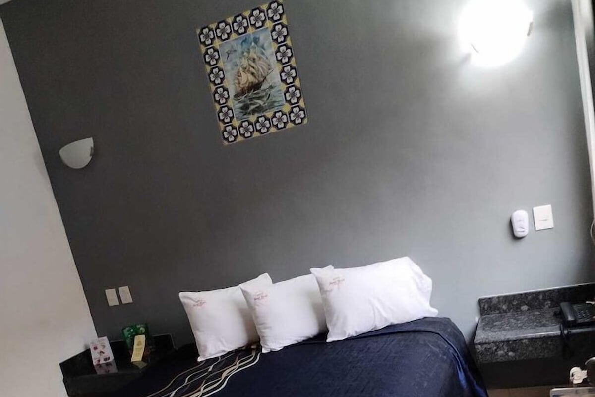 A bedroom with a bed, pillows, a nightstand, a wall-mounted light, and a framed picture.