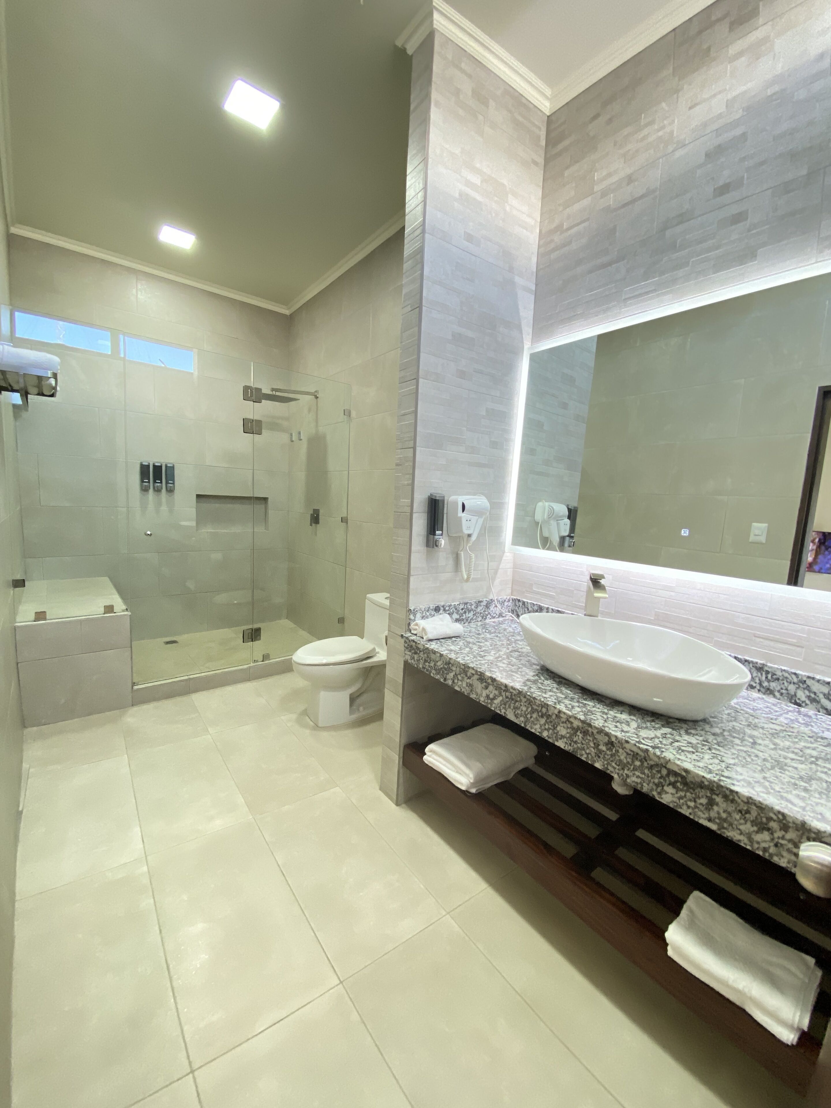 elite double room | bathroom | shower, rainfall showerhead, hair dryer, towels