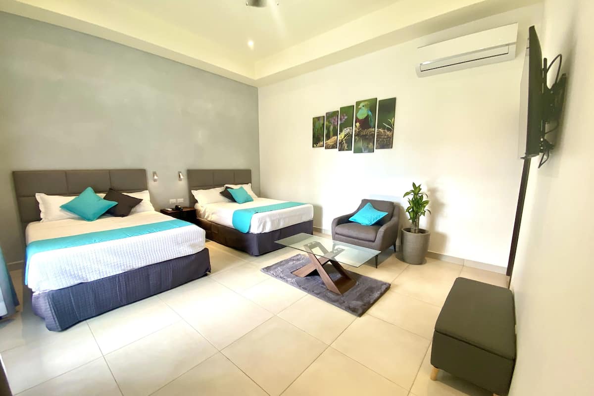 Habitación de hotel con dos camas, una mesita, una silla, una planta en maceta y obras de arte en la pared.